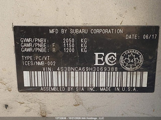 12732638 :رقم المزاد ، 4S3BNCA69H3069388 vin ، 2017 Subaru Legacy 2.5i مزاد بيع