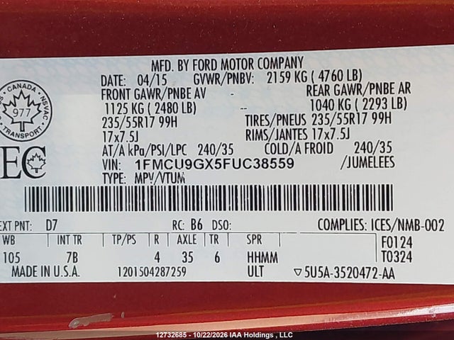 Ford ESCAPE SE 2015 1FMCU9GX5FUC38559 Image 9