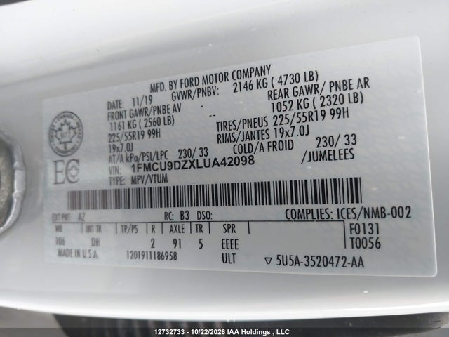 12732733 :رقم المزاد ، 1FMCU9DZXLUA42098 vin ، 2020 Ford Escape Titanium مزاد بيع