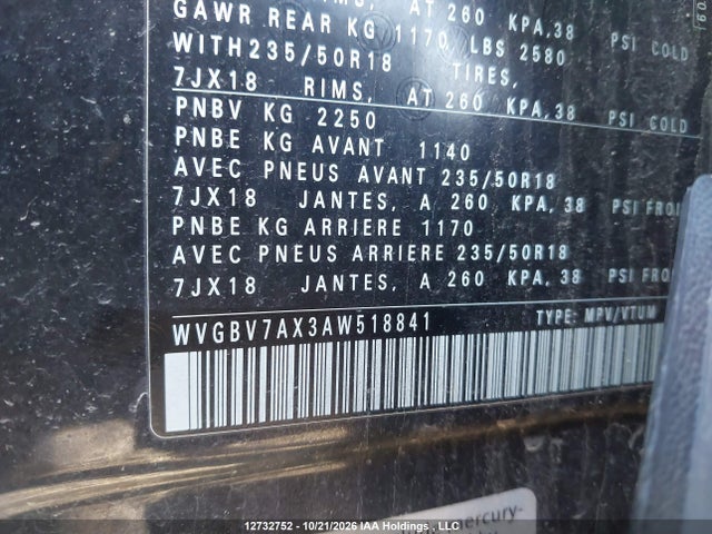 2010 Volkswagen Tiguan Se/sel მანქანა იყიდება აუქციონზე, vin: WVGBV7AX3AW518841, აუქციონის ნომერი: 12732752