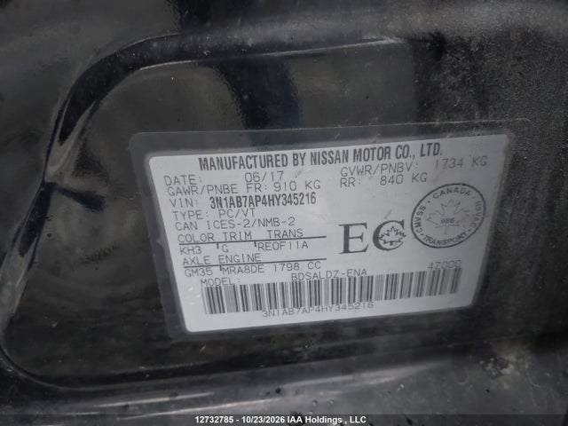 3N1AB7AP4HY345216 Nissan Sentra 1.8 S/1.8 Sl/1.8 Sv