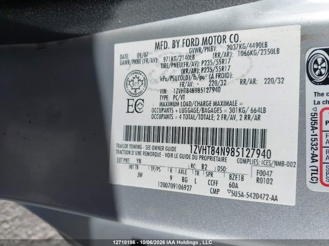 Aukcja sprzedaży 2008 Ford Mustang V6, vin: 1ZVHT84N985127940, numer aukcji: 12710186