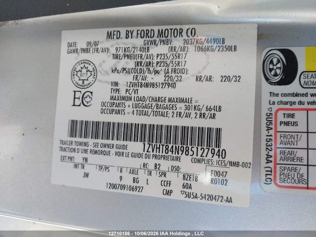 Aukcja sprzedaży 2008 Ford Mustang V6, vin: 1ZVHT84N985127940, numer aukcji: 12710186