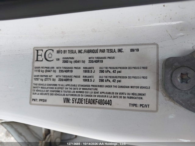 5YJ3E1EA0KF480440 Tesla Model 3 Long Range/mid Range/standard Range/standard Range Plus