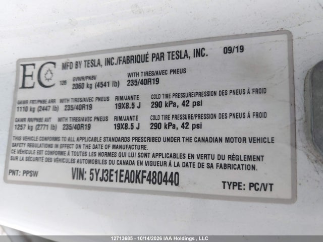 5YJ3E1EA0KF480440 Tesla Model 3 Long Range/mid Range/standard Range/standard Range Plus