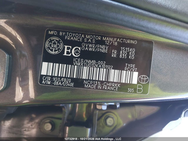 Auction sale of the 2019 Toyota Yaris L/le/se, vin: VNKKTUD32KA101122, lot number: 12732918