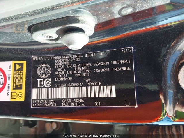 Toyota Highlander Hybrid Xle 2018 5TDJGRFH0JS040417 Image 9
