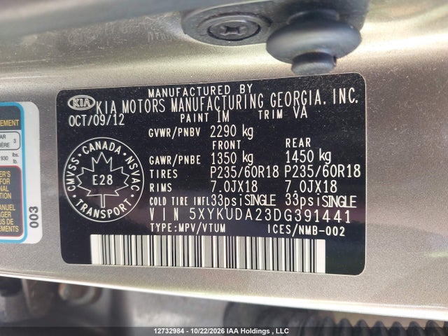 2013 Kia Sorento Ex მანქანა იყიდება აუქციონზე, vin: 5XYKUDA23DG391441, აუქციონის ნომერი: 12732984