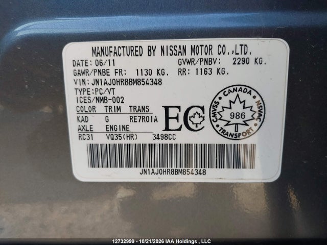 2011 Infiniti Ex35 Journey მანქანა იყიდება აუქციონზე, vin: JN1AJ0HR8BM854348, აუქციონის ნომერი: 12732999