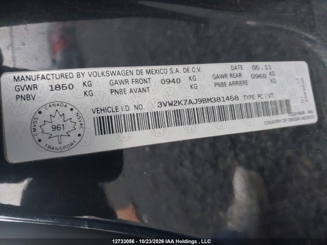 Продаж на аукціоні авто 2011 Volkswagen Jetta S, vin: 3VW2K7AJ9BM381458, номер лоту: 12733056