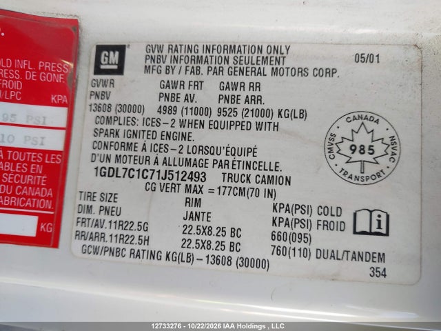 Продаж на аукціоні авто 2001 Gmc T-series F7b042, vin: 1GDL7C1C71J512493, номер лоту: 12733276