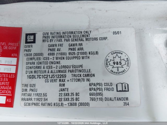 12733289 :رقم المزاد ، 1GDL7C1C21J512269 vin ، 2001 Gmc T-series F7b042 مزاد بيع
