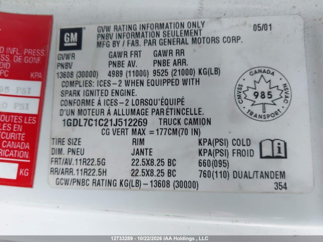 12733289 :رقم المزاد ، 1GDL7C1C21J512269 vin ، 2001 Gmc T-series F7b042 مزاد بيع