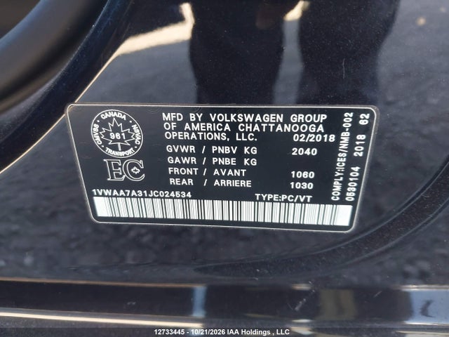 12733445 :رقم المزاد ، 1VWAA7A31JC024534 vin ، 2018 Volkswagen Passat 2.0 Tsi Trendline+ مزاد بيع