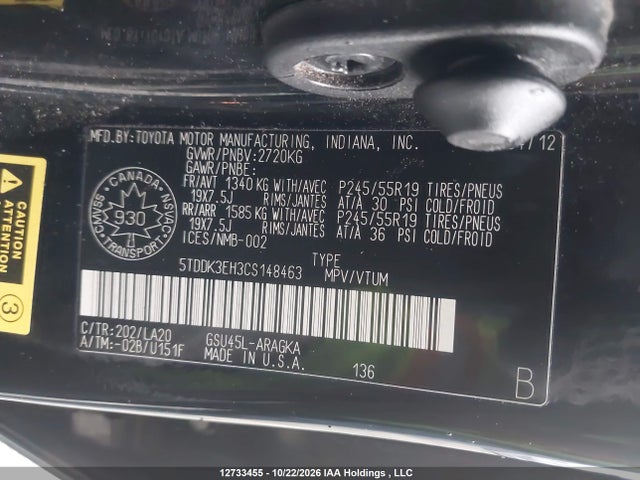 12733455 :رقم المزاد ، 5TDDK3EH3CS148463 vin ، 2012 Toyota Highlander V6 Limited مزاد بيع