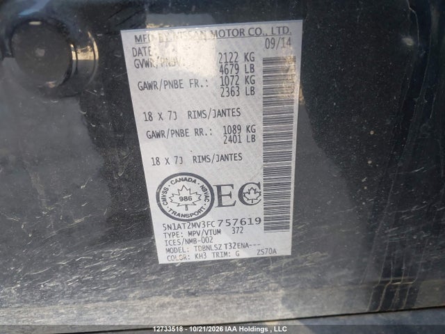 5N1AT2MV3FC757619 Nissan Rogue S/sl/sv