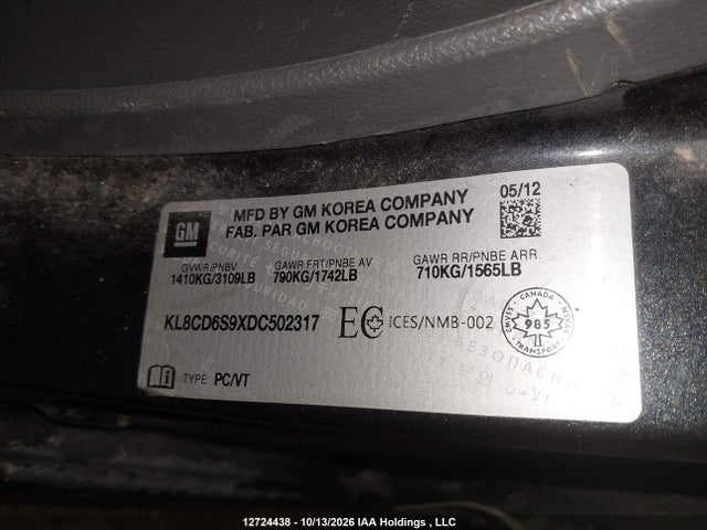 Aukcja sprzedaży 2013 Chevrolet Spark 1lt Auto, vin: KL8CD6S9XDC502317, numer aukcji: 12724438