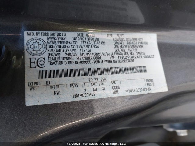2014 Ford Focus Se მანქანა იყიდება აუქციონზე, vin: 1FADP3K24EL100837, აუქციონის ნომერი: 12726024