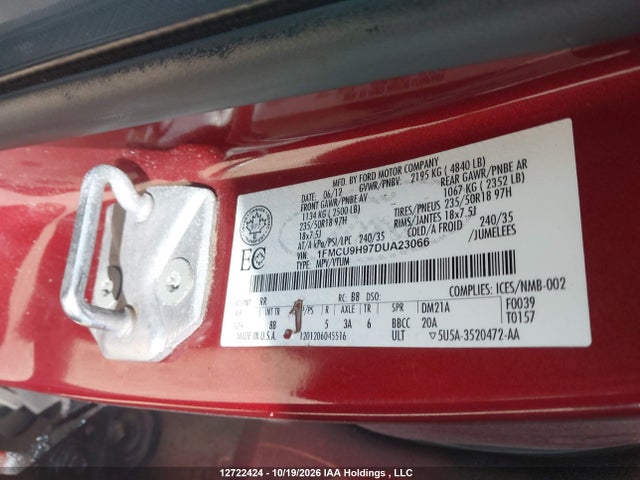 2013 Ford Escape Sel მანქანა იყიდება აუქციონზე, vin: 1FMCU9H97DUA23066, აუქციონის ნომერი: 12722424