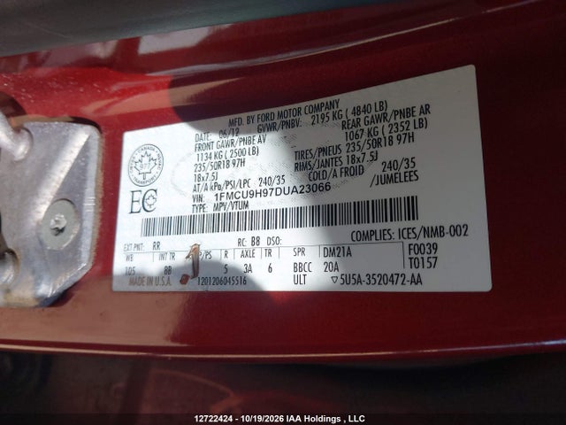 2013 Ford Escape Sel მანქანა იყიდება აუქციონზე, vin: 1FMCU9H97DUA23066, აუქციონის ნომერი: 12722424