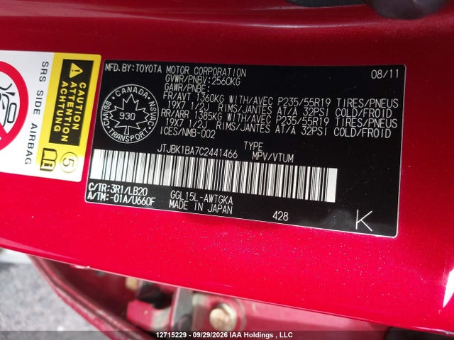 12715229 :رقم المزاد ، JTJBK1BA7C2441466 vin ، 2012 Lexus Rx 350 مزاد بيع