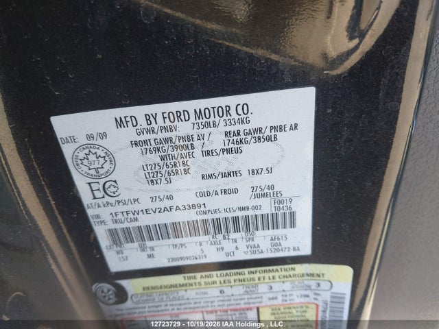 2010 Ford F-150 Fx4/harley-davidson/lariat/xlt მანქანა იყიდება აუქციონზე, vin: 1FTFW1EV2AFA33891, აუქციონის ნომერი: 12723729