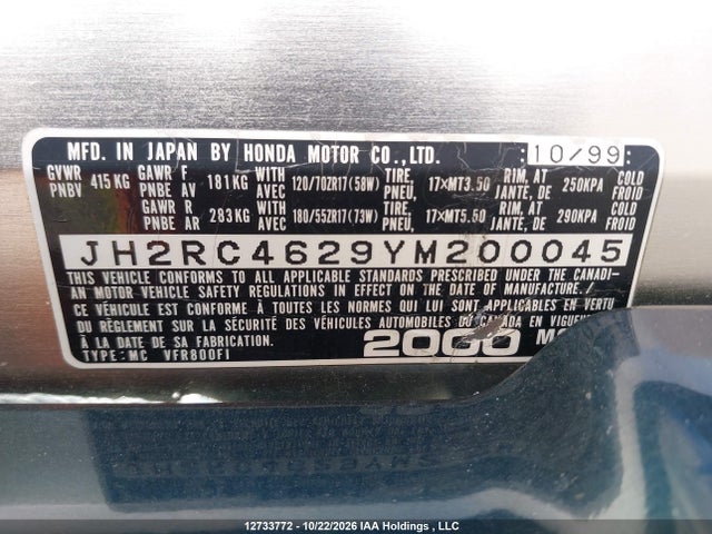 Aukcja sprzedaży 2000 Honda Vfr800 Fi, vin: JH2RC4629YM200045, numer aukcji: 12733772