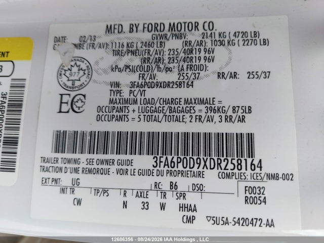 Продаж на аукціоні авто 2013 Ford Fusion Titanium, vin: 3FA6P0D9XDR258164, номер лоту: 12686356