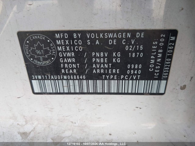 3VW117AU3FM068646 Volkswagen Golf 1.8 Tsi Comfortline/1.8 Tsi Highline/1.8 Tsi Trendline
