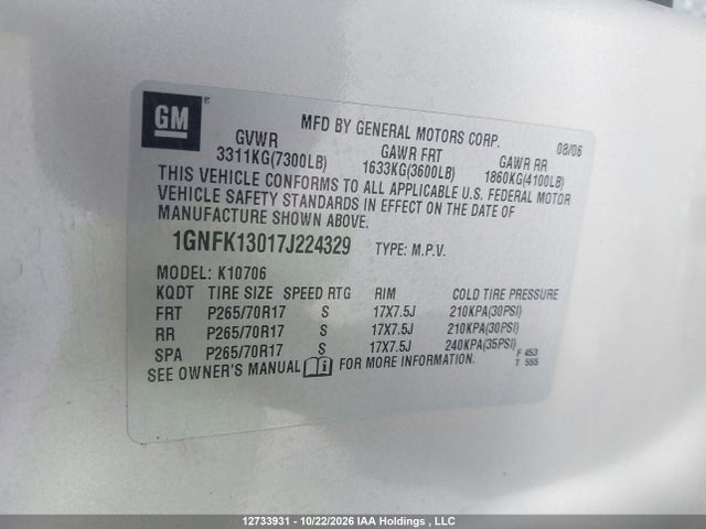 Aukcja sprzedaży 2007 Chevrolet Tahoe K1500, vin: 1GNFK13017J224329, numer aukcji: 12733931