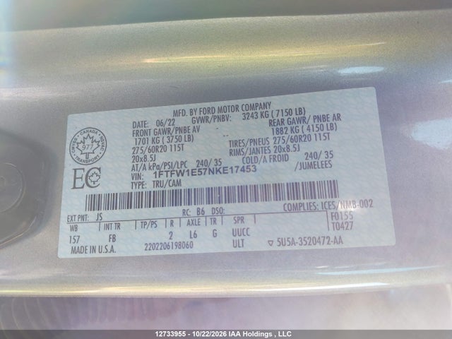Ford F-150 Xlt 2022 1FTFW1E57NKE17453 Image 18