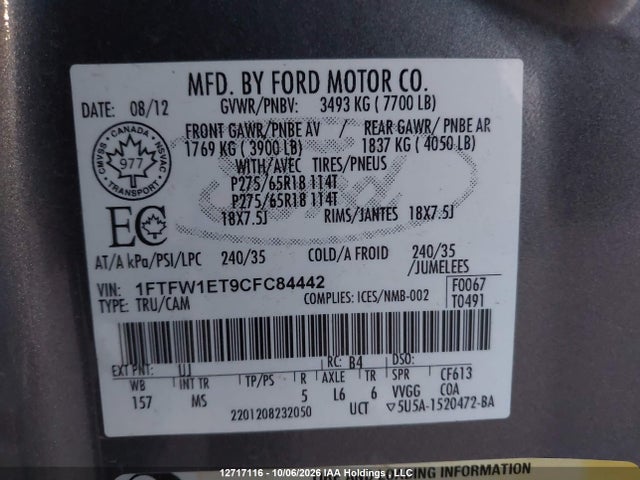 Продаж на аукціоні авто 2012 Ford F-150 Xlt, vin: 1FTFW1ET9CFC84442, номер лоту: 12717116
