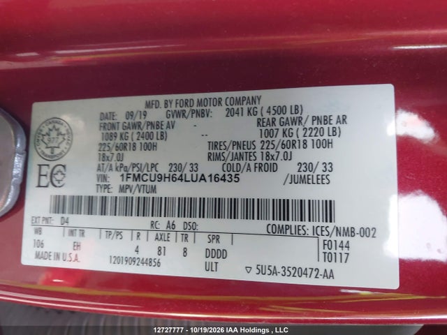 Продаж на аукціоні авто 2020 Ford Escape Sel, vin: 1FMCU9H64LUA16435, номер лоту: 12727777