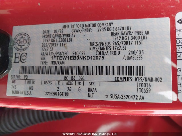 Продаж на аукціоні авто 2022 Ford F-150 Xlt, vin: 1FTEW1EB0NKD12075, номер лоту: 12728811