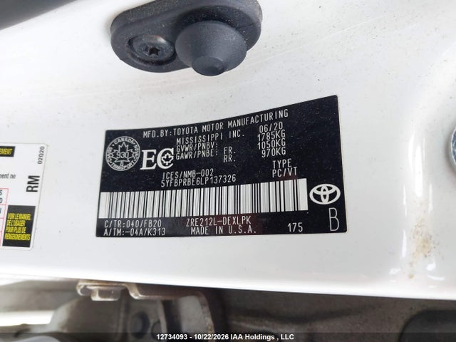 Aukcja sprzedaży 2020 Toyota Corolla Le, vin: 5YFBPRBE6LP137326, numer aukcji: 12734093