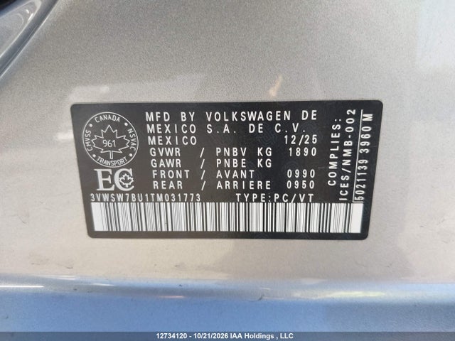 Aukcja sprzedaży 2026 Volkswagen Jetta Comfortline, vin: 3VWSW7BU1TM031773, numer aukcji: 12734120
