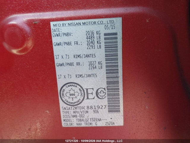 Nissan ROGUE S/SV 2015 5N1AT2MT0FC881927 Image 18