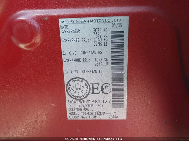 Nissan ROGUE S/SV 2015 5N1AT2MT0FC881927 Image 9