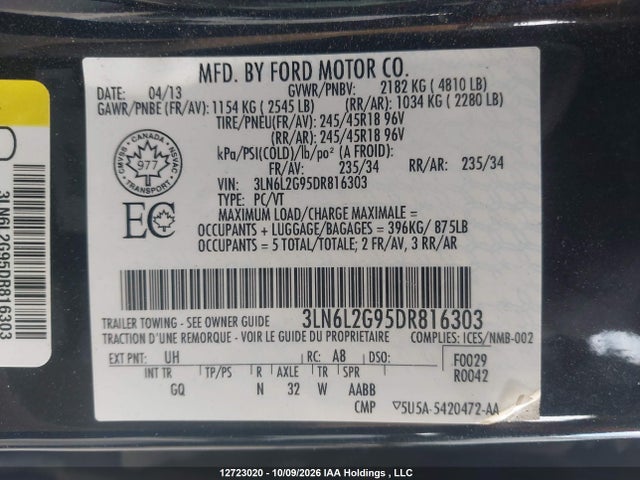 Продажа на аукционе авто 2013 Lincoln Mkz, vin: 3LN6L2G95DR816303, номер лота: 12723020