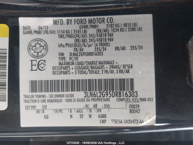 Продажа на аукционе авто 2013 Lincoln Mkz, vin: 3LN6L2G95DR816303, номер лота: 12723020
