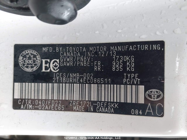 2T1BURHE4EC086511 Toyota Corolla S