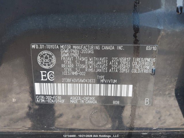 12734400 :رقم المزاد ، 2T3BF4DV5AW043833 vin ، 2010 Toyota Rav4 مزاد بيع