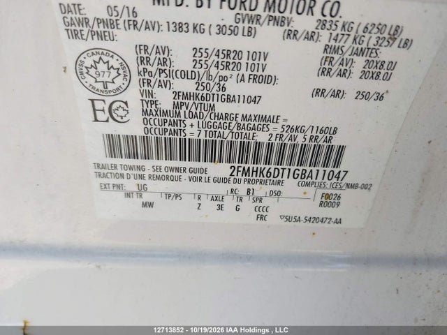 2016 Ford Flex Limited მანქანა იყიდება აუქციონზე, vin: 2FMHK6DT1GBA11047, აუქციონის ნომერი: 12713852