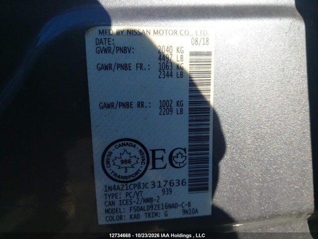 12734668 :رقم المزاد ، 1N4AZ1CP8JC317636 vin ، 2018 Nissan Leaf S/sv/sl مزاد بيع