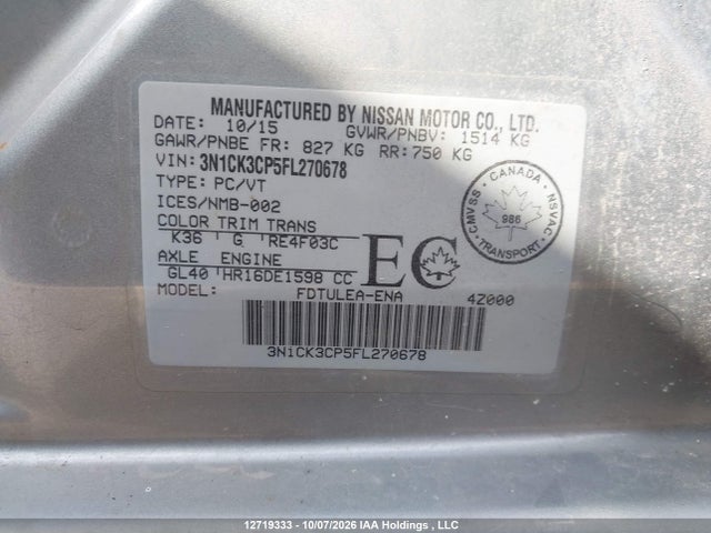Продаж на аукціоні авто 2015 Nissan Micra S/sr/sv, vin: 3N1CK3CP5FL270678, номер лоту: 12719333