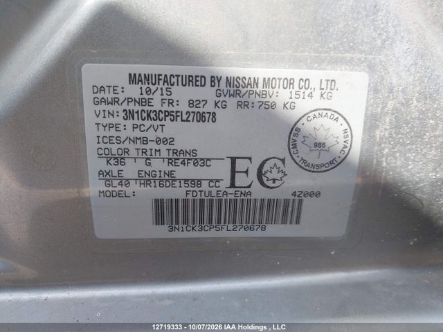 Продаж на аукціоні авто 2015 Nissan Micra S/sr/sv, vin: 3N1CK3CP5FL270678, номер лоту: 12719333