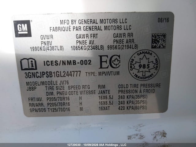 Продаж на аукціоні авто 2016 Chevrolet Trax Lt, vin: 3GNCJPSB1GL244777, номер лоту: 12720030