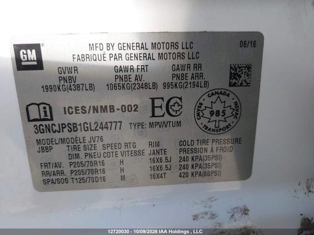 Продаж на аукціоні авто 2016 Chevrolet Trax Lt, vin: 3GNCJPSB1GL244777, номер лоту: 12720030