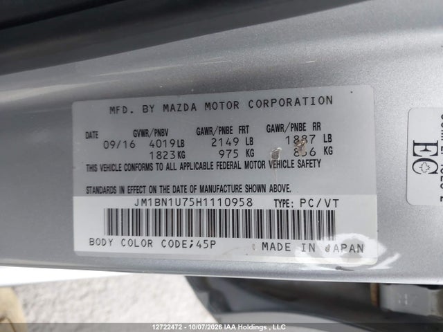 12722472 :رقم المزاد ، JM1BN1U75H1110958 vin ، 2017 Mazda Mazda3 Gx مزاد بيع