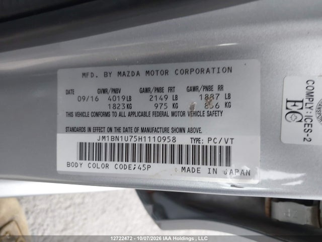 12722472 :رقم المزاد ، JM1BN1U75H1110958 vin ، 2017 Mazda Mazda3 Gx مزاد بيع